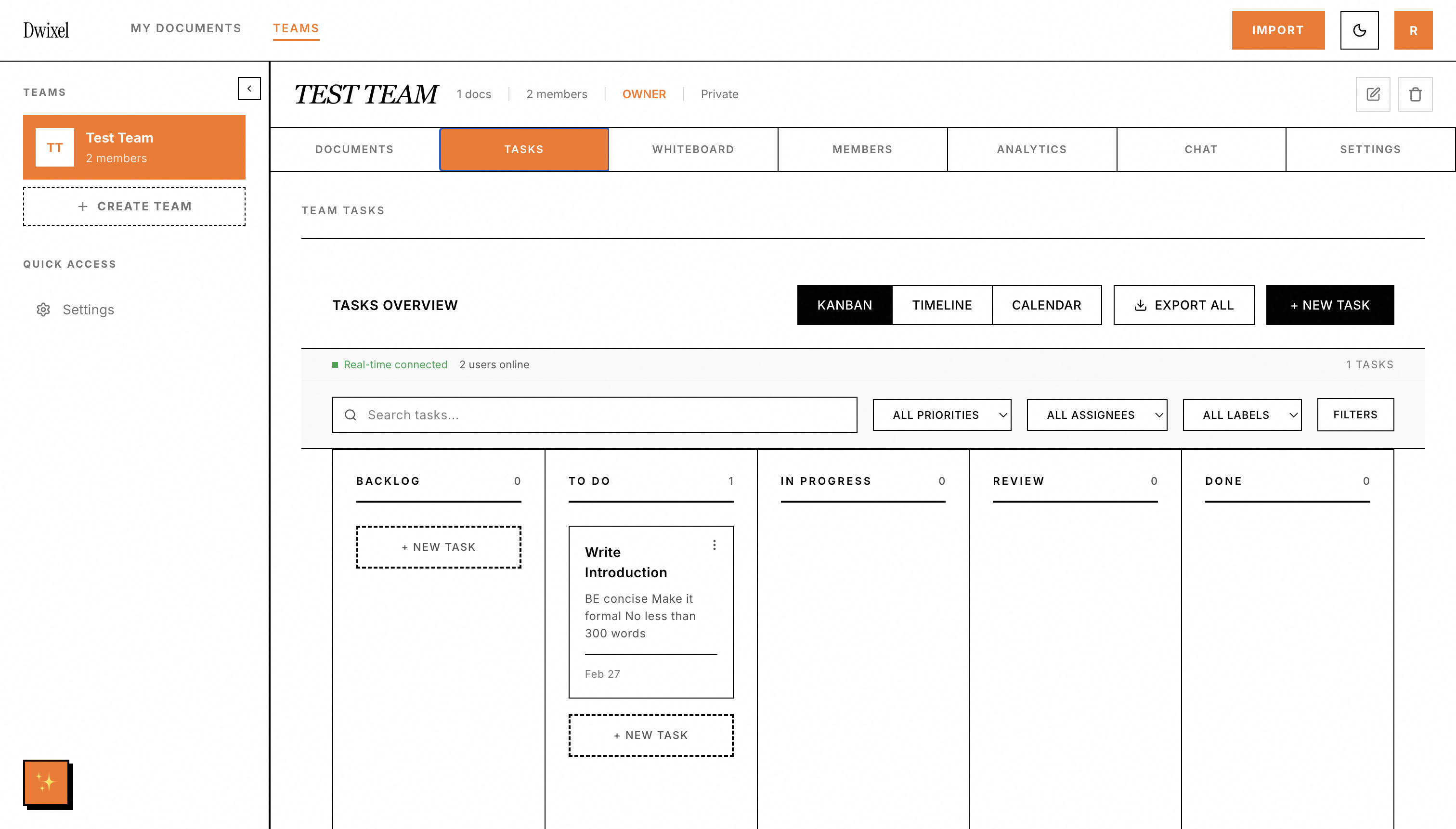 Dwixel workspace showing Kanban board with team tasks